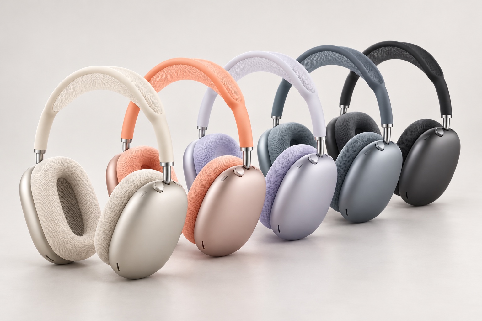 AirPods Max 2 오버이어 헤드폰. 새로 출시된 스타라이트, 오렌지, 퍼플, 블루, 미드나이트 색상. 뒤로 갈수록 작게 보이도록 나열된 제품들