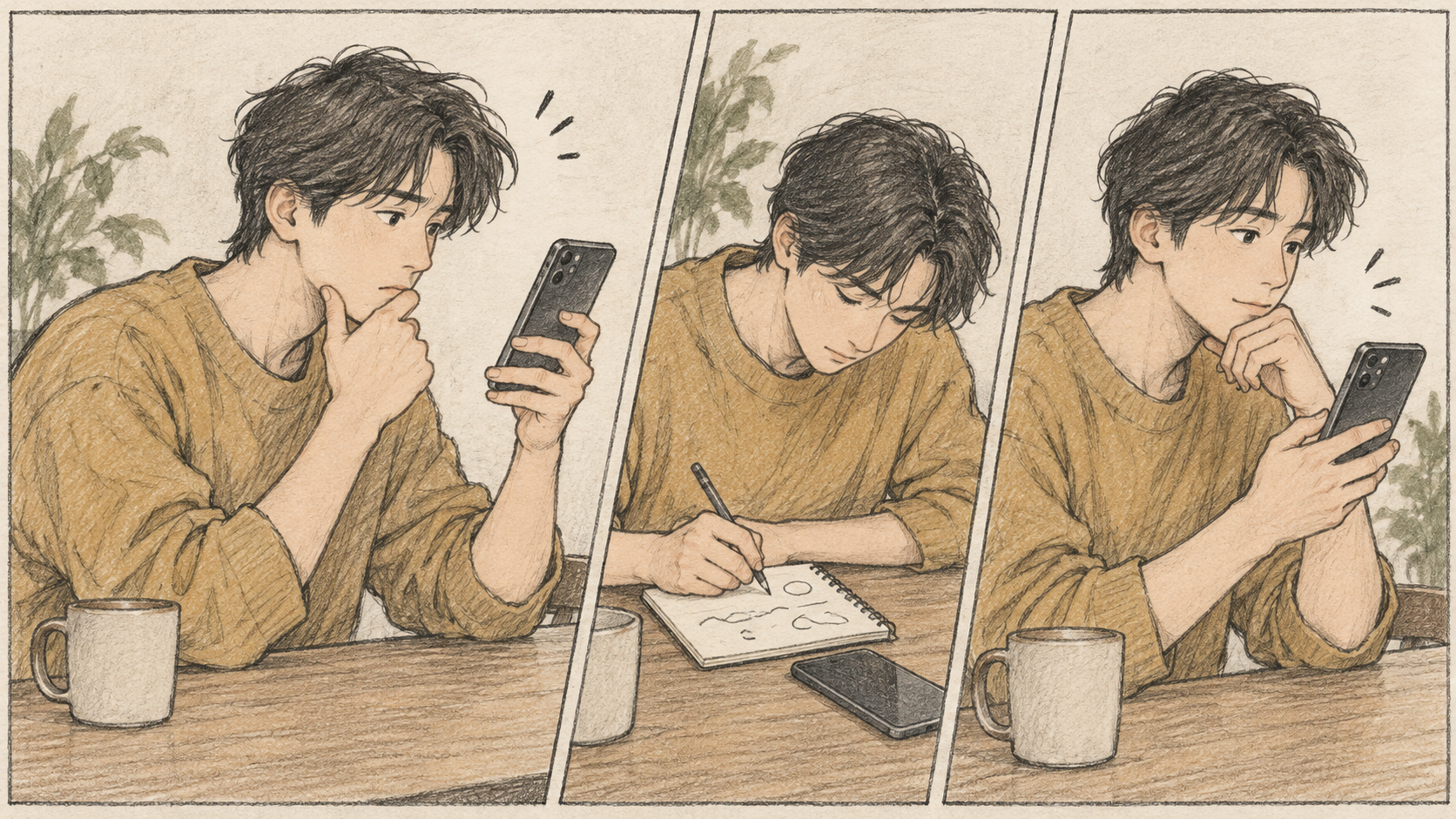 휴대폰의 증상을 비교하고 기록하는 과정을 표현한 AI 생성 만화