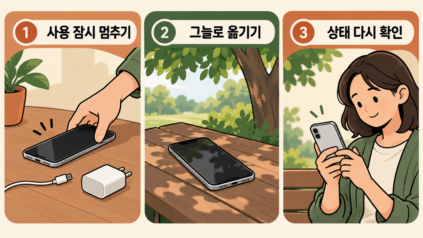 스마트폰이 뜨거울 때, 충전과 사용 환경부터 확인하세요 — AI로 생성한 이해를 돕는 예시