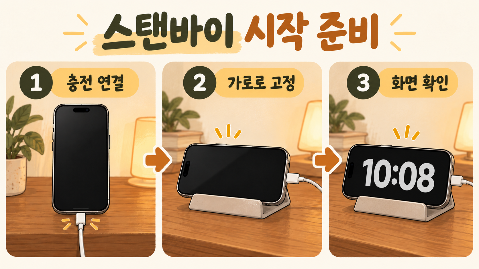 충전 연결과 가로 고정 상태를 확인한 뒤 스탠바이를 시작해 보세요. — AI 생성 예시