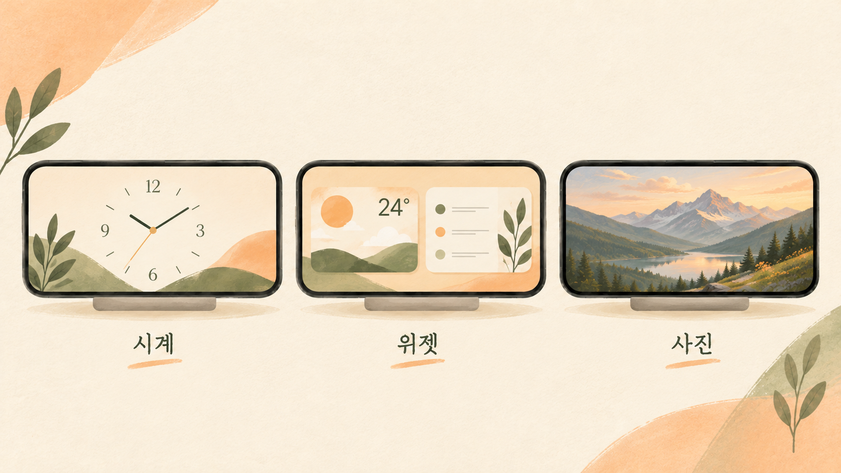 시계·위젯·사진 보기를 비교하기 위한 개념 이미지예요. — AI 생성 예시