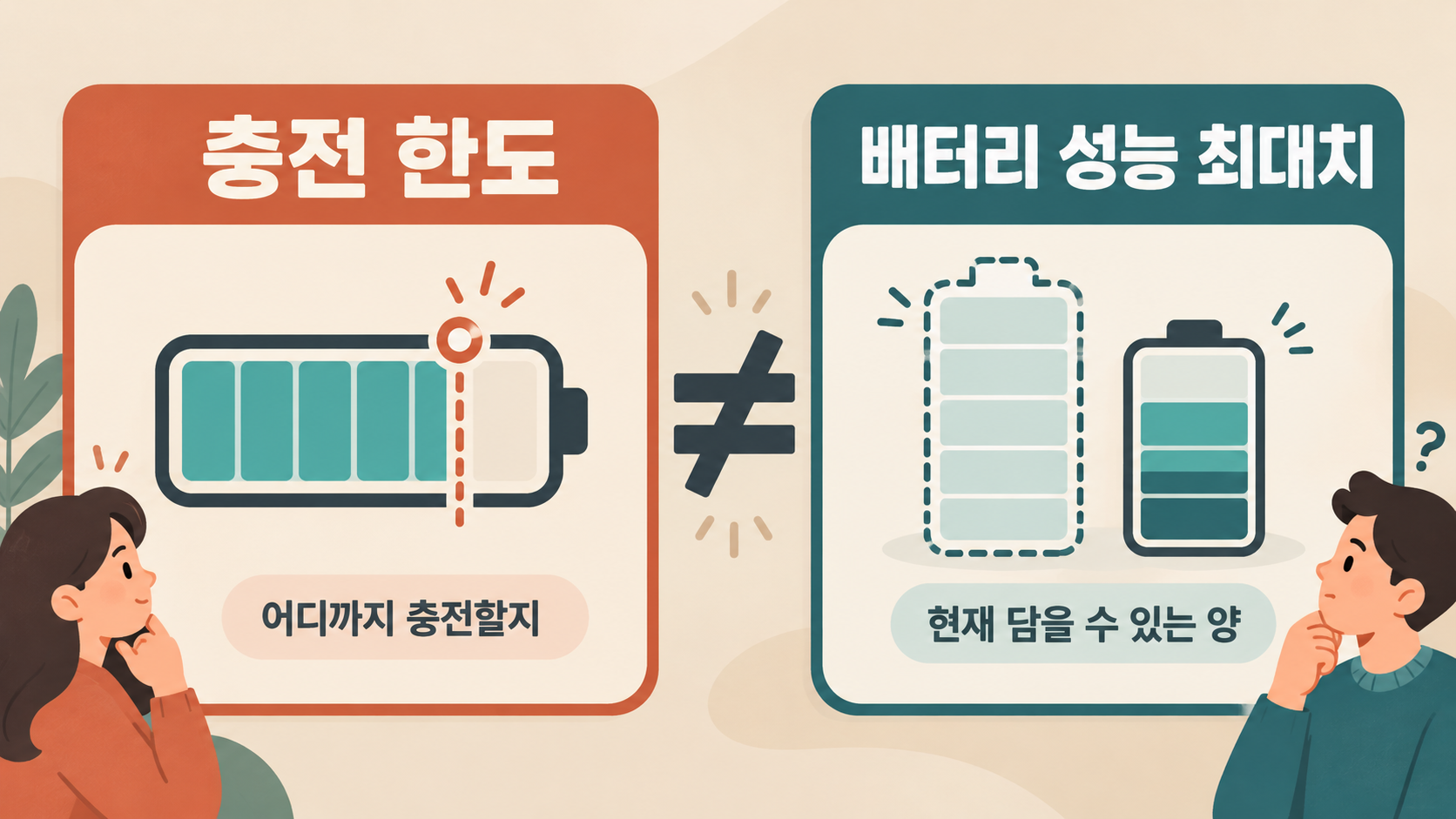 충전 한도와 배터리 성능 최대치는 서로 다른 정보를 보여 줍니다. — AI 생성 예시