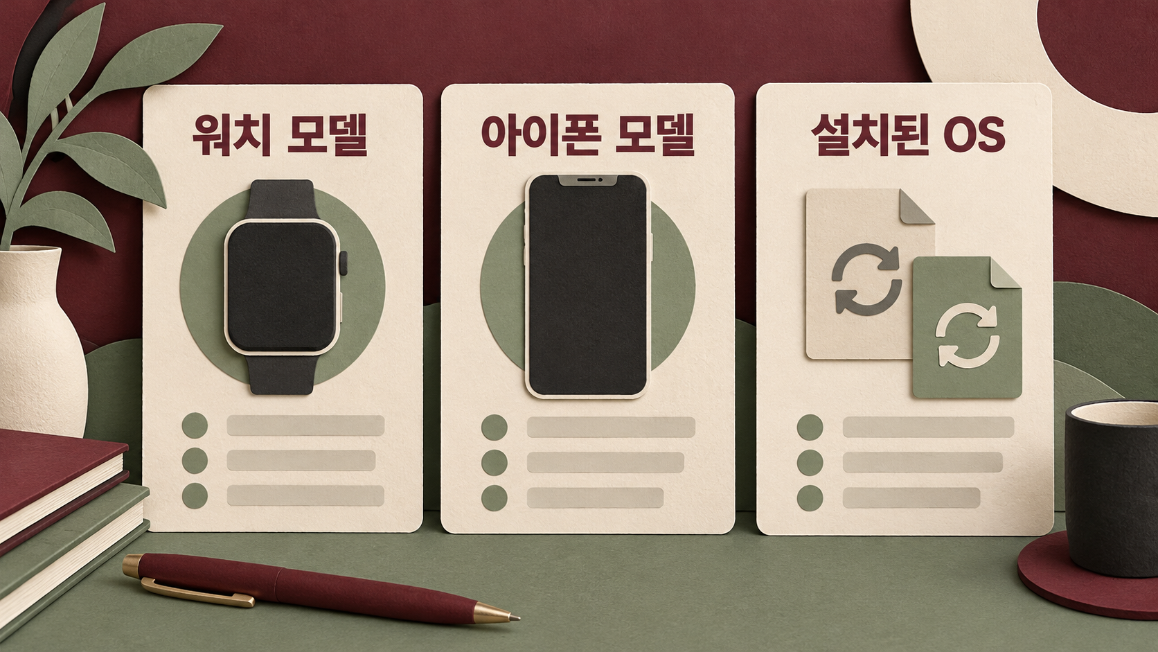 워치와 아이폰의 모델, 설치된 소프트웨어를 함께 대조하는 예시예요. — AI 생성 예시