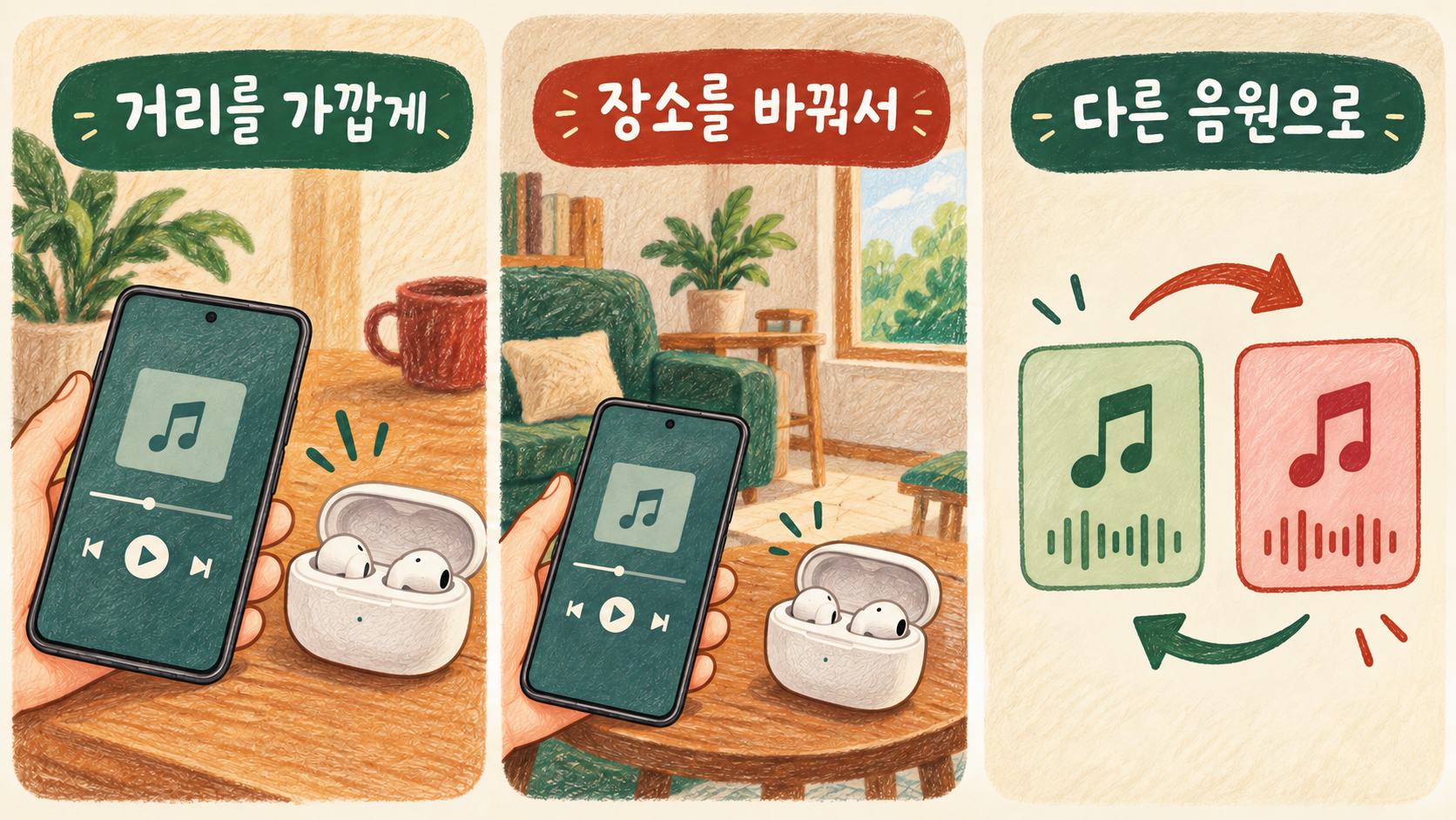 거리·장소·음원을 한 번에 하나씩 바꾸며 결과를 비교해 보세요. — AI 생성 예시