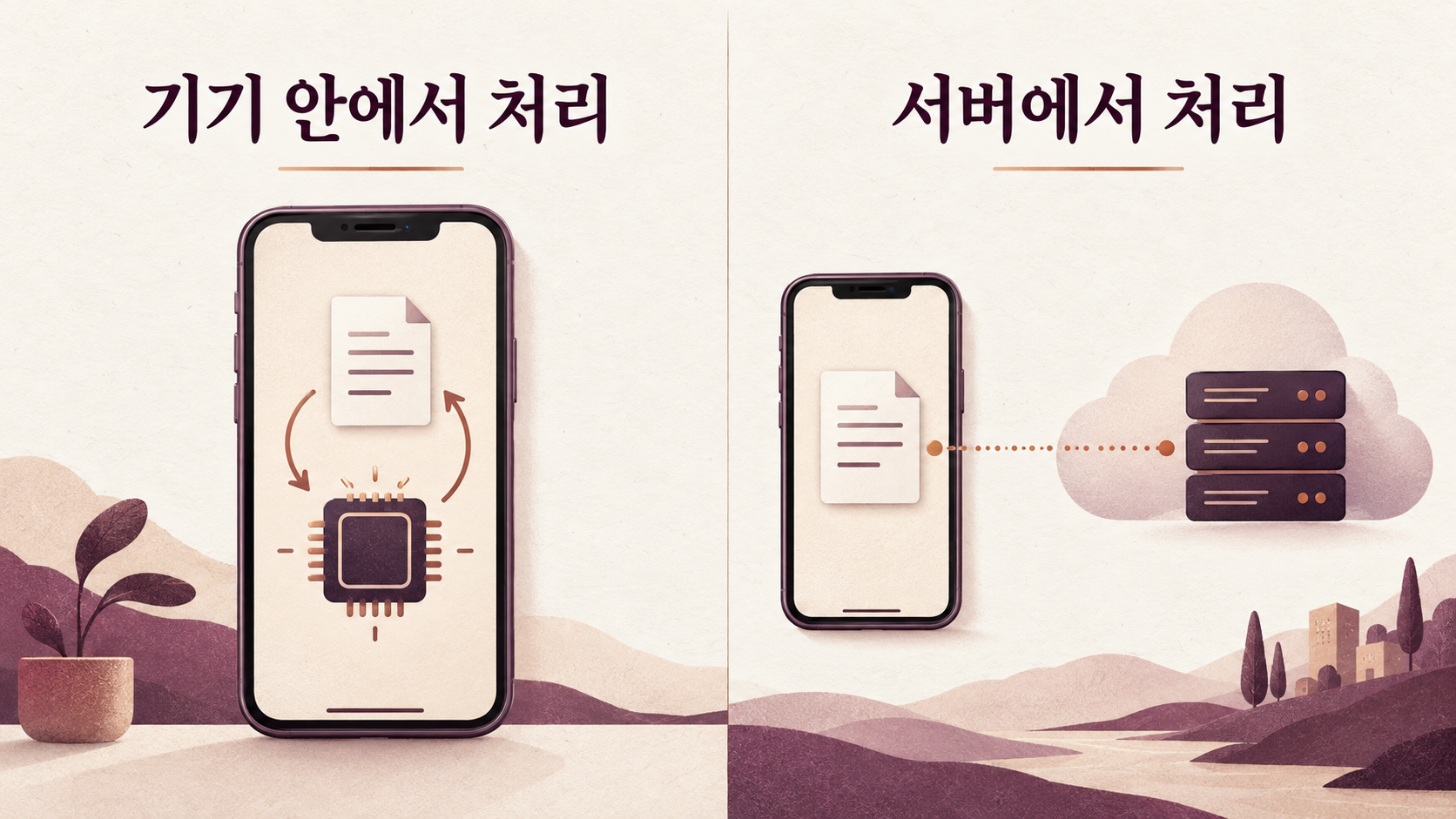 기기 내부와 서버에서 처리되는 방식을 구분한 개념도예요. — AI 생성 예시
