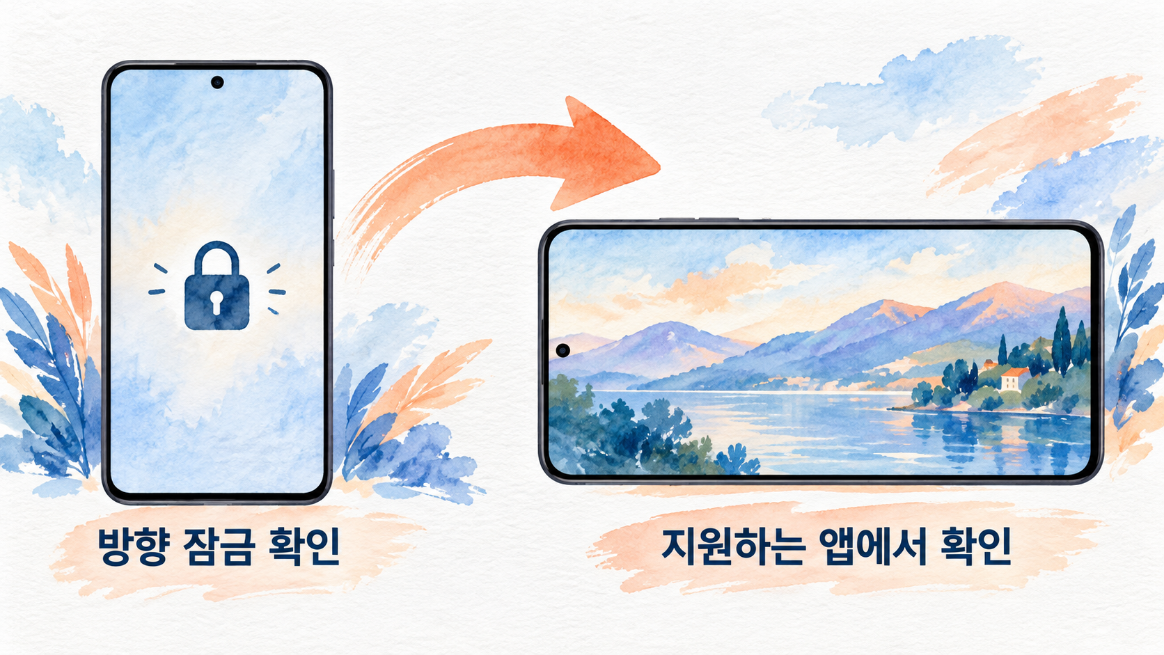 방향 잠금 상태와 앱의 회전 지원을 나누어 확인하는 개념 예시예요. — AI 생성 예시