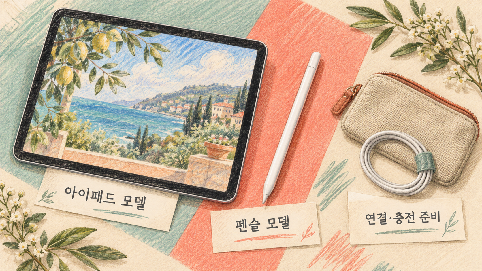 아이패드·펜슬 모델과 연결 준비물을 나누어 확인하는 개념 예시예요. — AI 생성 예시