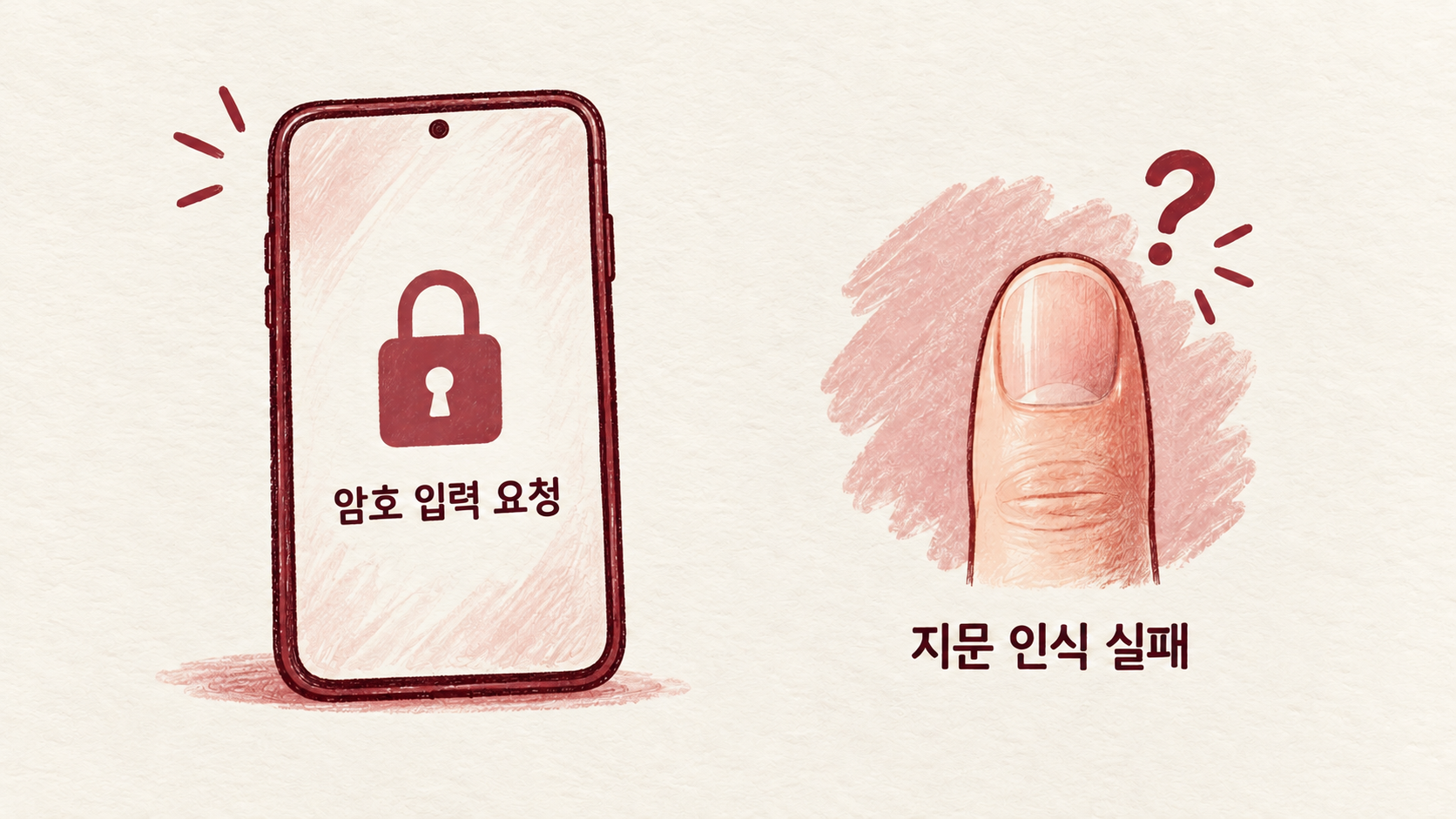 암호 요청과 지문 인식 실패를 구분한 개념 예시이며 실제 기기 화면은 아닙니다. — AI 생성 예시
