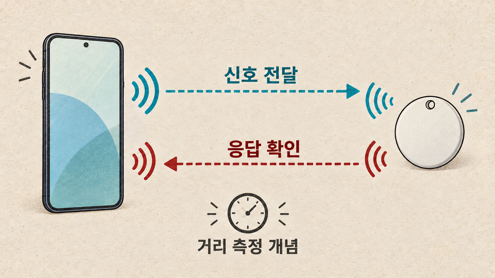 기기 사이의 신호 왕복으로 거리 측정을 이해하는 단순화한 개념도예요. — AI 생성 예시