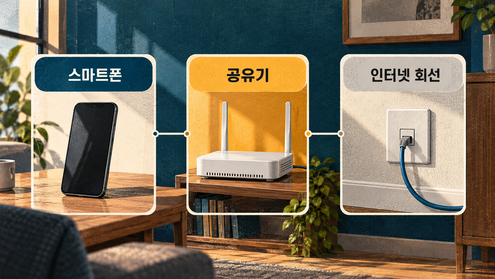단말기·공유기·회선과 주변 환경을 함께 확인하는 개념 예시예요. — AI 생성 예시