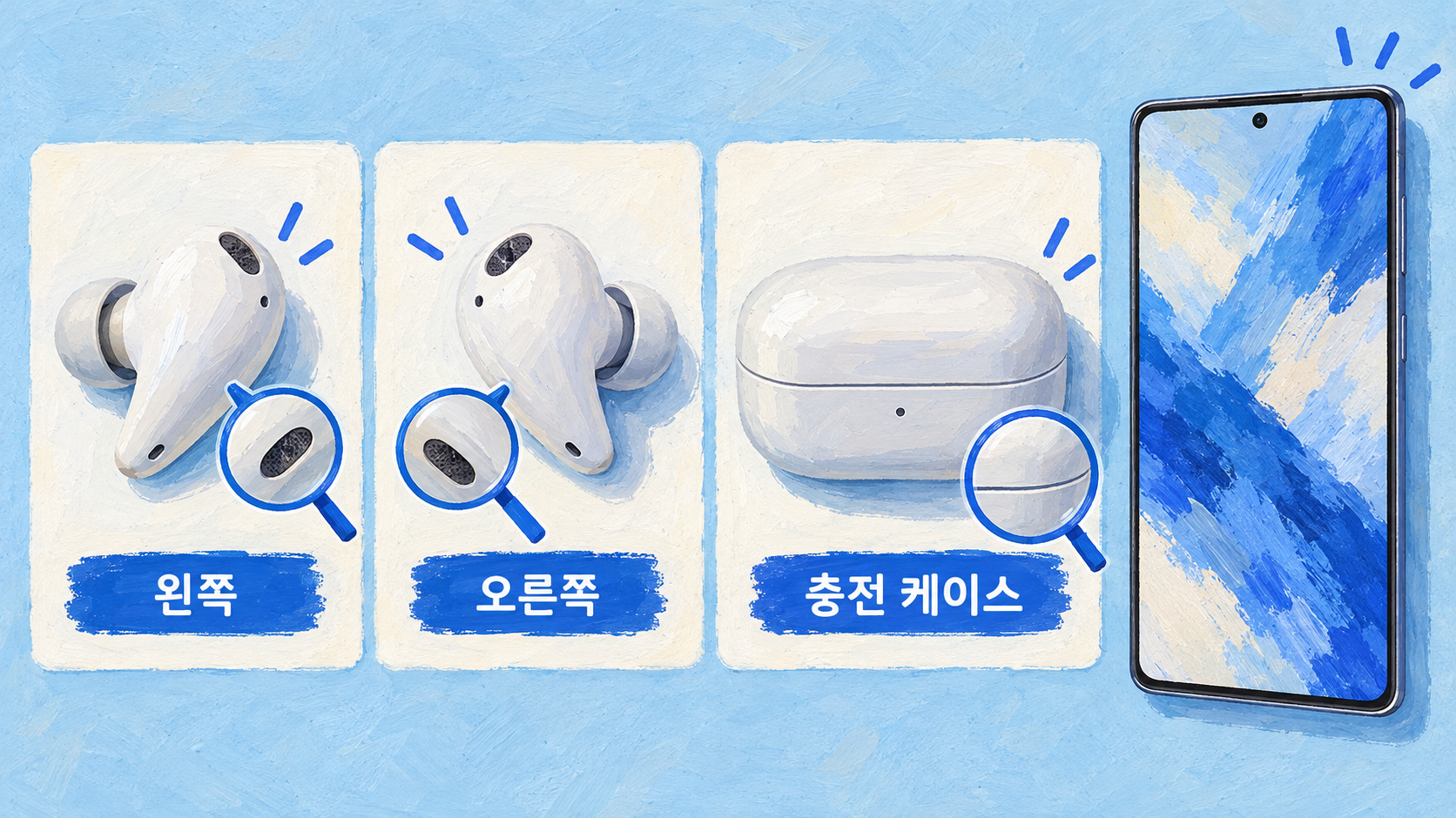 이어버드 양쪽과 충전 케이스를 각각 확인하는 개념 예시예요. — AI 생성 예시