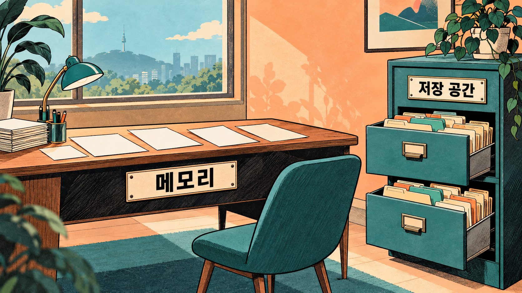메모리와 저장 공간의 역할을 작업대와 보관함에 빗댄 개념 그림이에요. — AI 생성 예시
