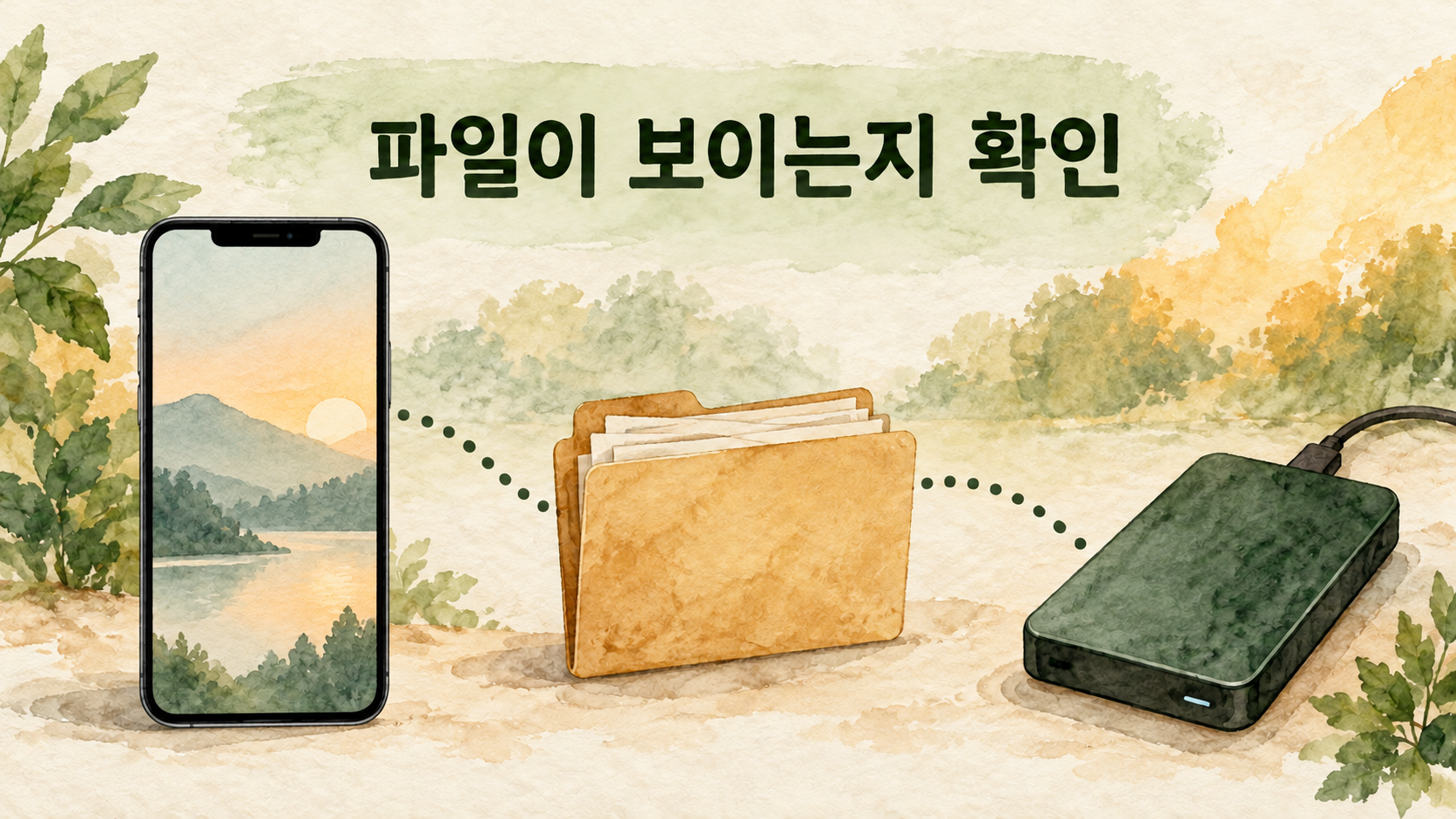 연결 뒤 파일 앱에서 저장장치와 필요한 파일이 보이는지 확인하는 개념 예시예요. — AI 생성 예시