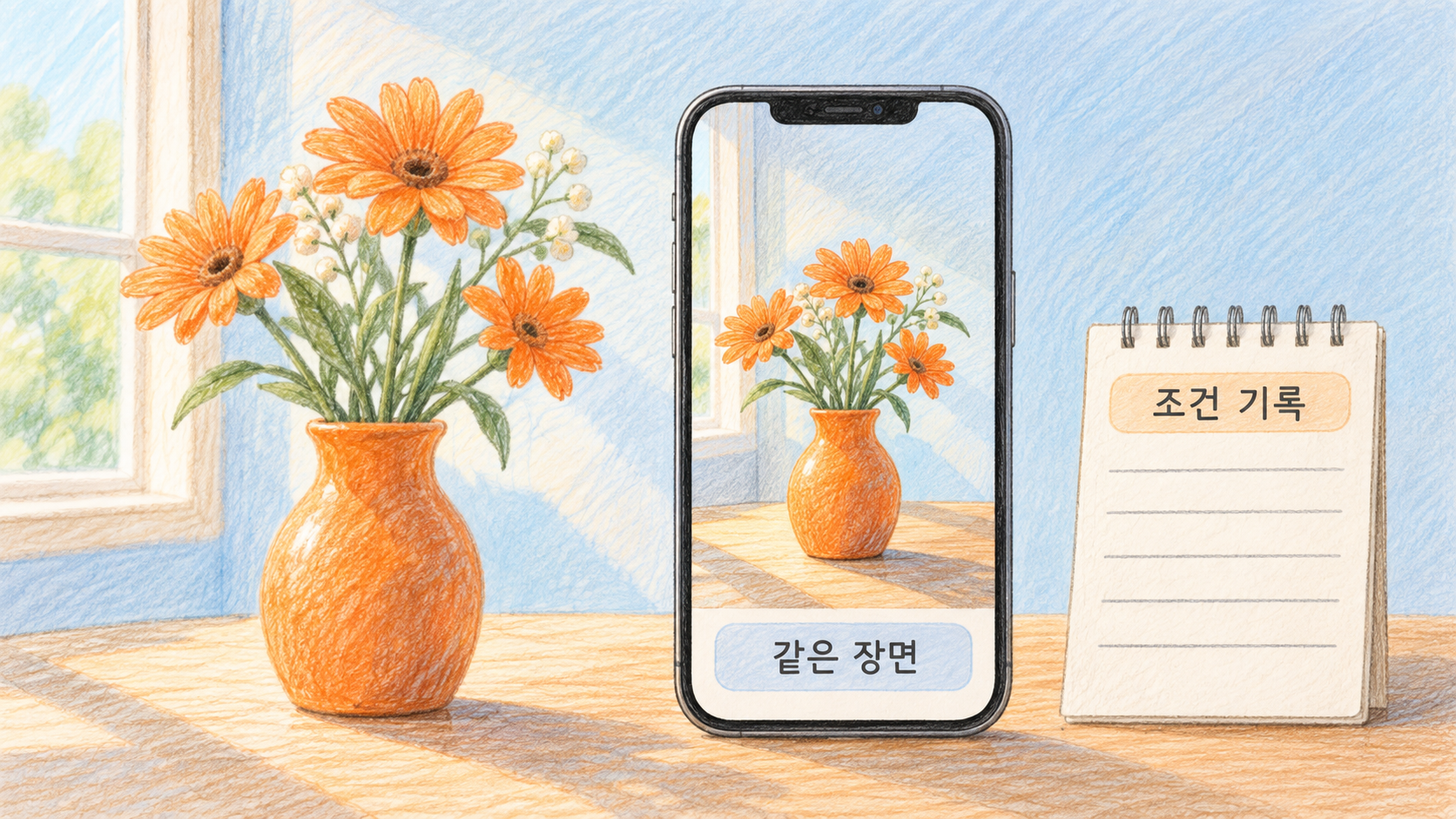 비슷한 밝기와 거리에서 비교하고 문제가 나타난 조건을 기록해 보세요. — AI 생성 예시