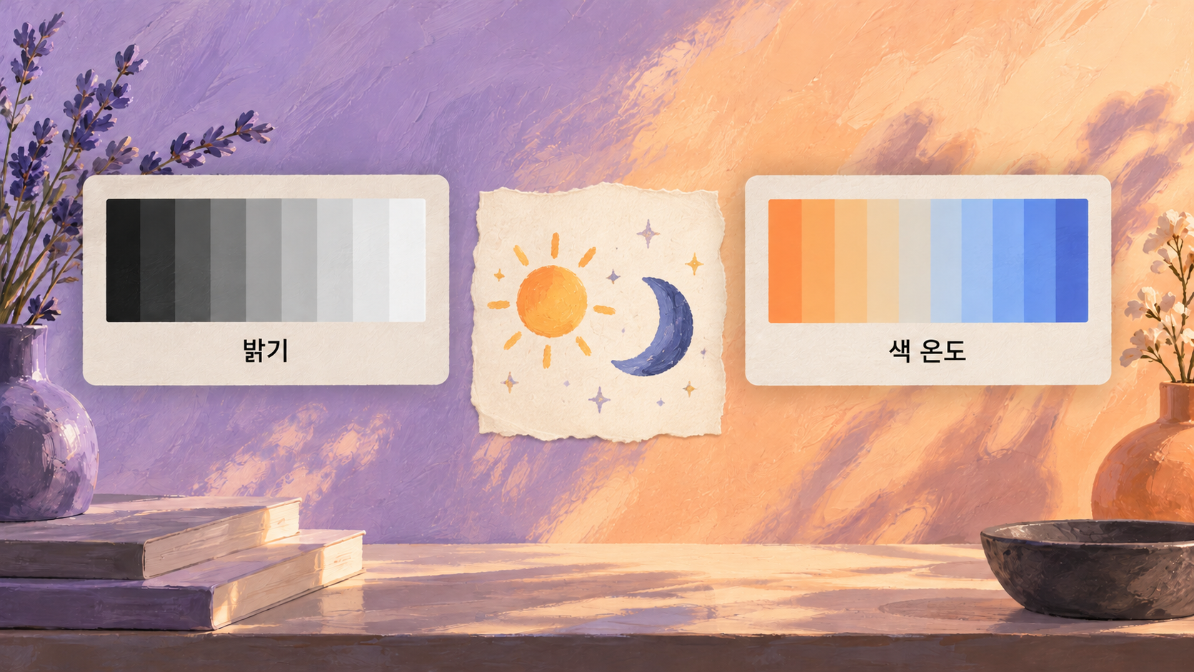 화면이 어두워지는 변화와 색이 따뜻해지는 변화를 구분한 개념 그림이에요. — AI 생성 예시