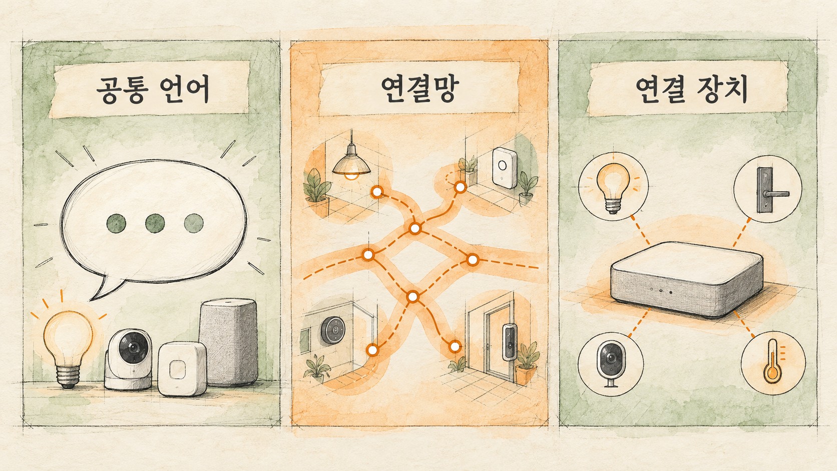 기기끼리 이해하는 규칙과 연결망, 이를 이어 주는 장치의 역할을 나누어 보세요. — AI 생성 예시