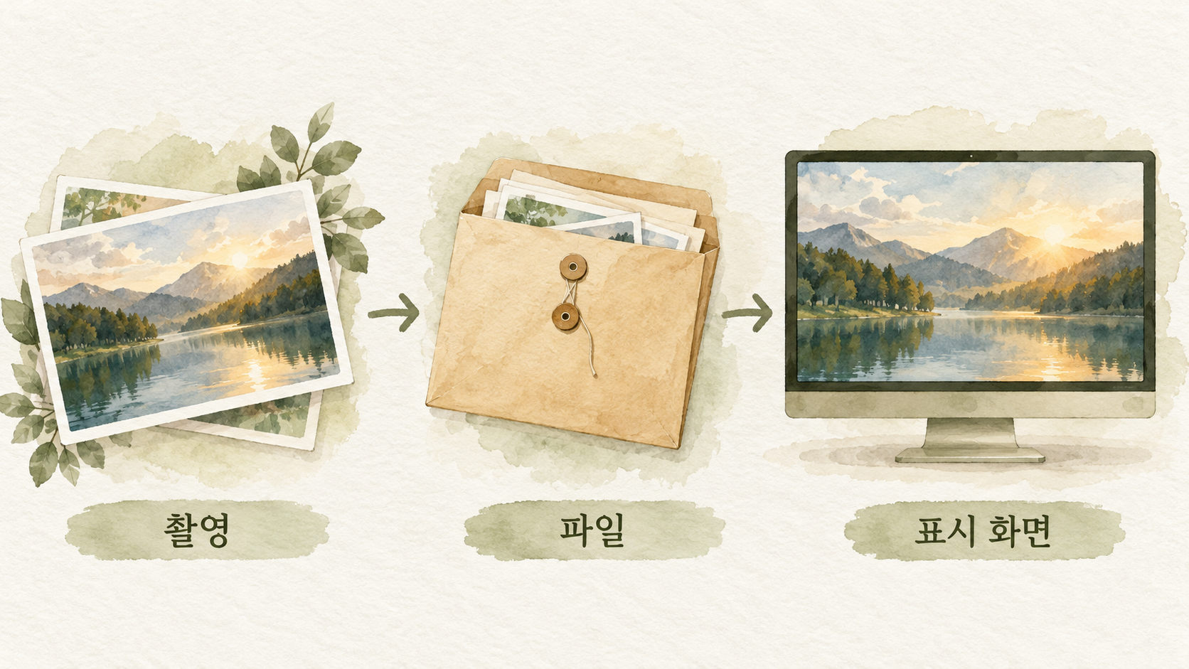 촬영 결과와 저장·공유 방식, 보는 화면을 함께 확인하는 개념 예시예요. — AI 생성 예시