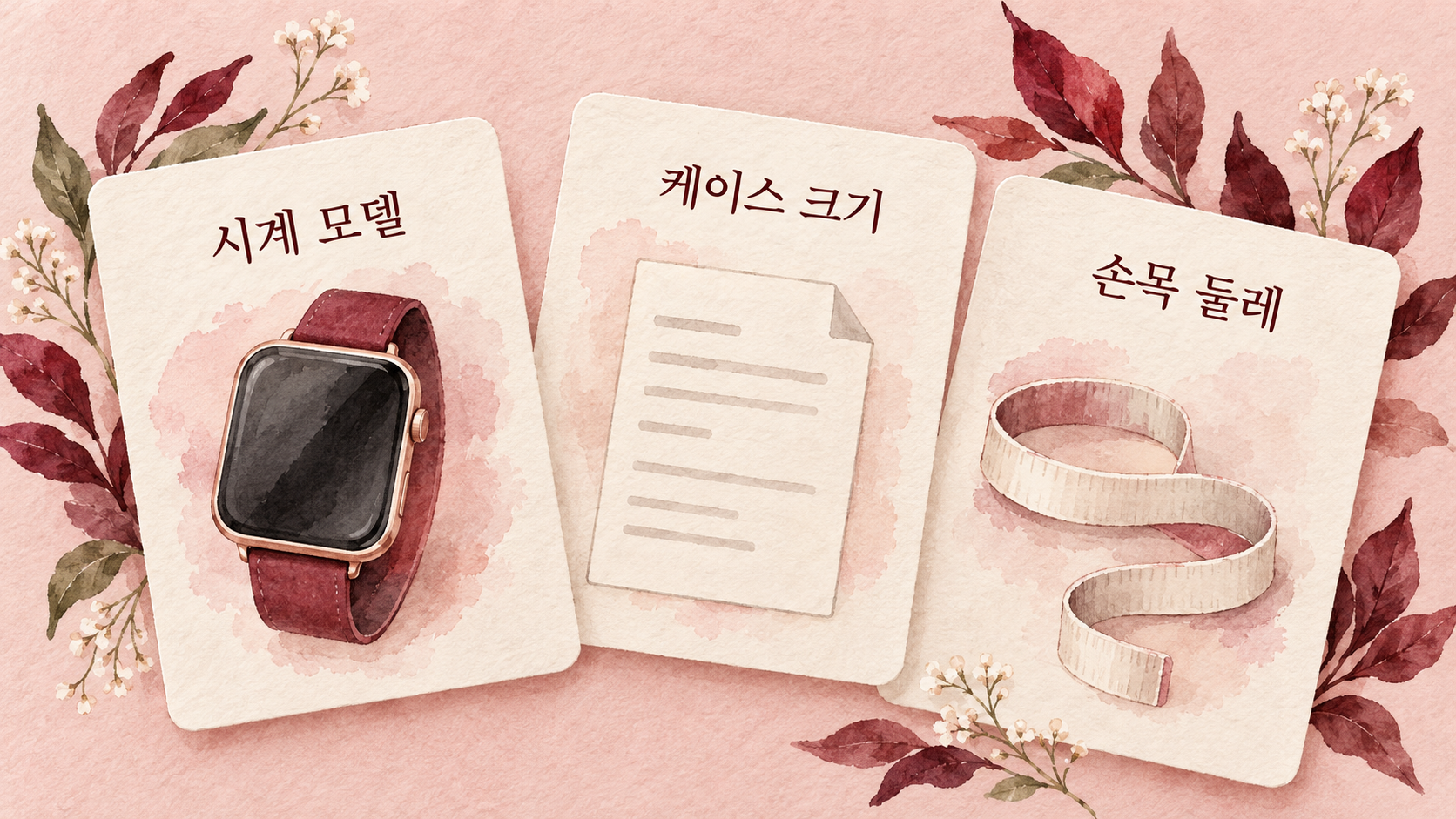 시계 모델·케이스 크기와 착용할 손목 조건을 나누어 확인하는 개념 그림이에요. — AI 생성 예시