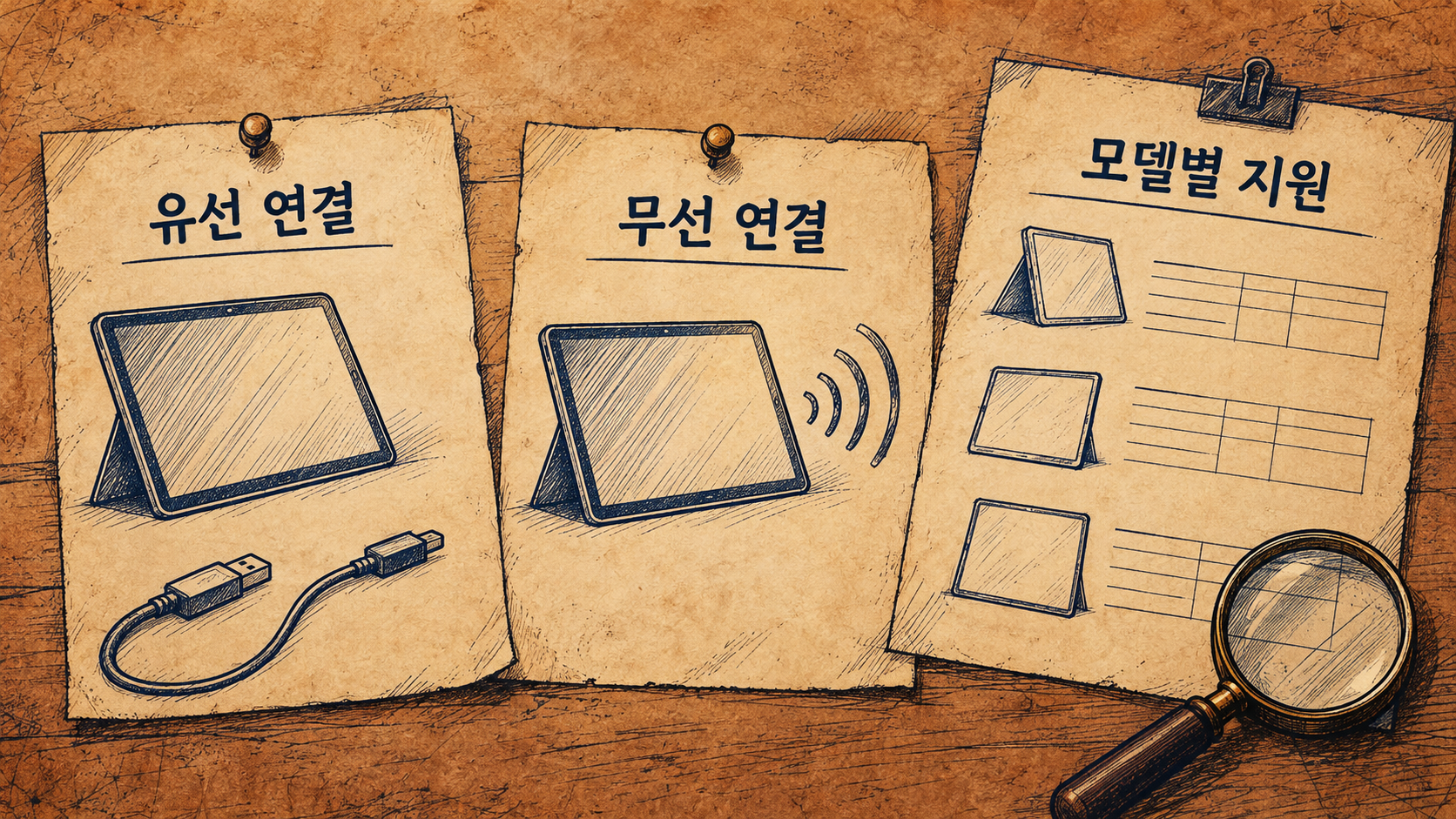 유선과 무선 연결의 지원 목록을 각각 확인하는 개념 예시예요. — AI 생성 예시