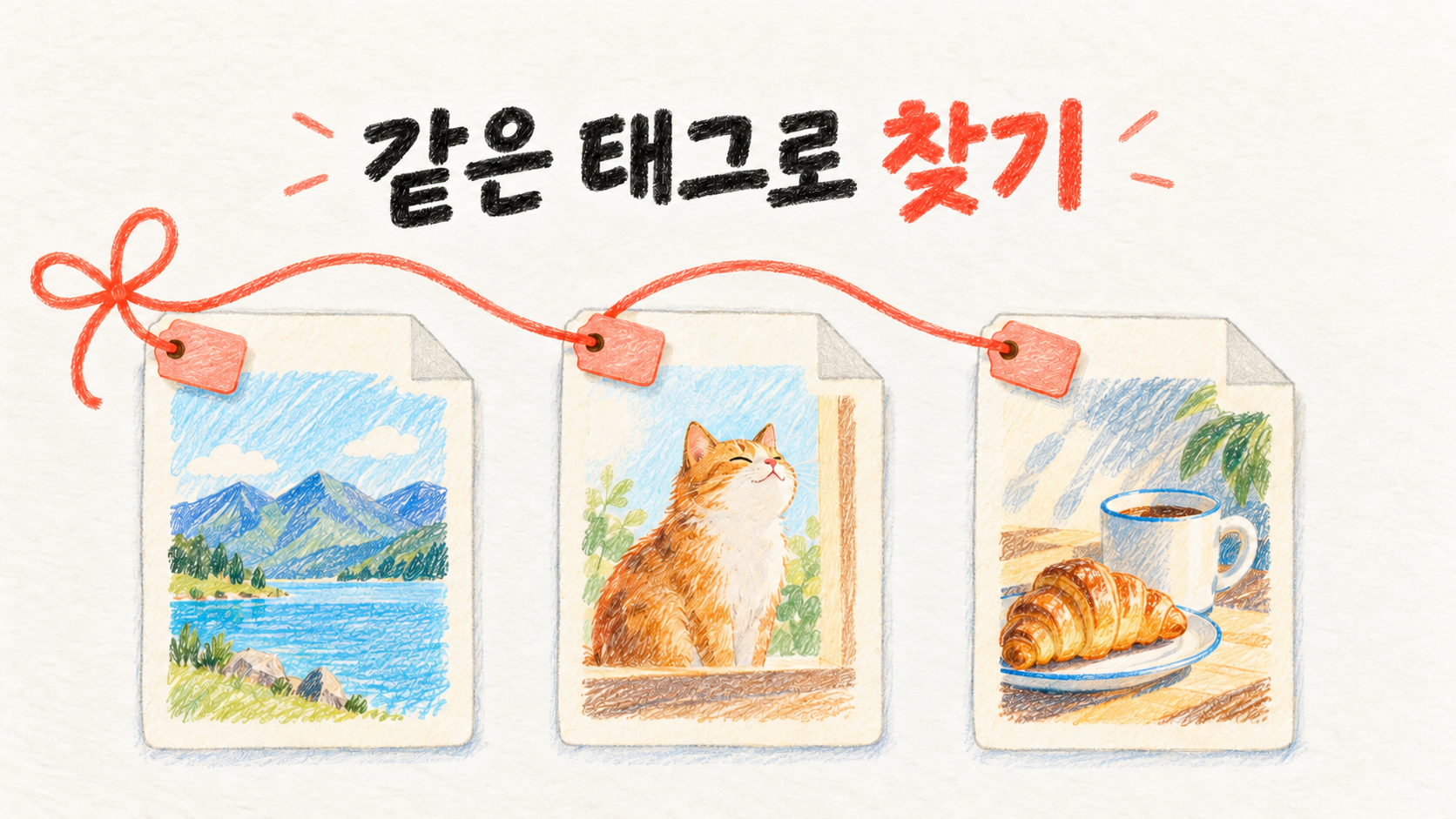 서로 다른 위치의 자료에 같은 태그를 붙여 다시 찾는 개념 예시예요. — AI 생성 예시